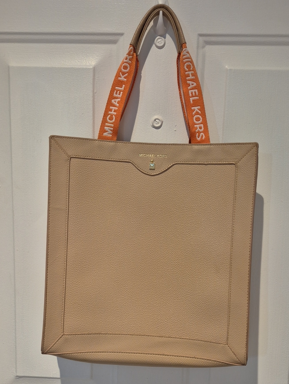 Michael Kors Beige Vegan Leather Tote with Coral Logo Straps